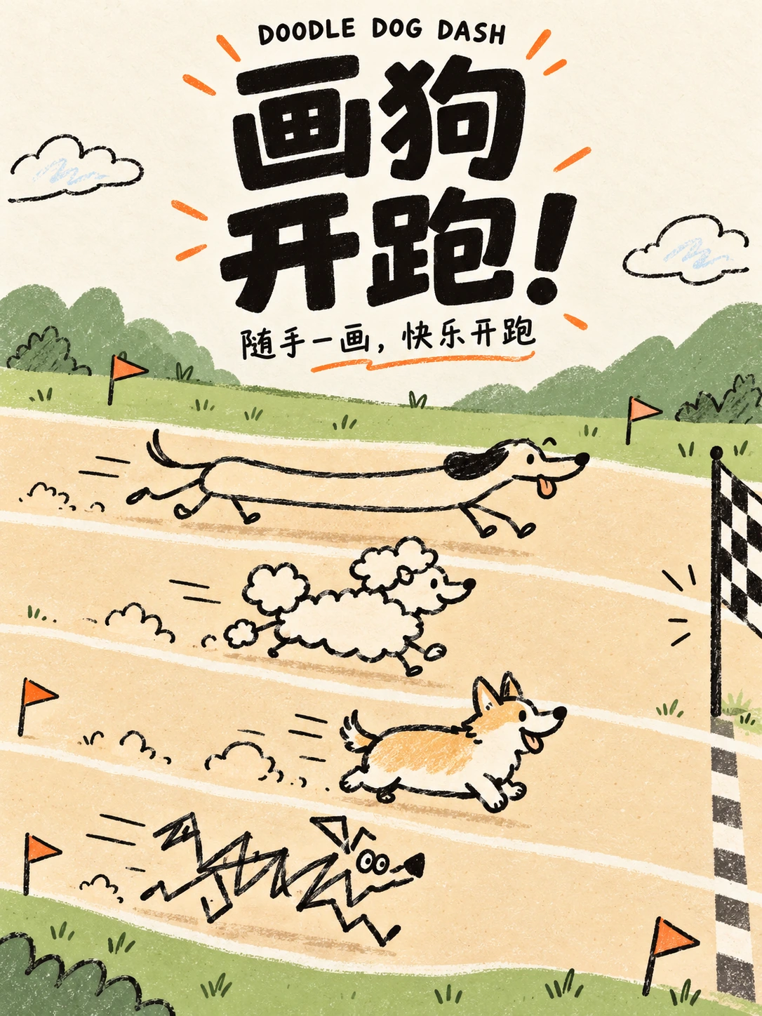 画狗开跑项目封面，手绘小狗在赛道上奔跑